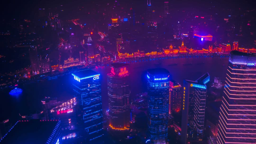 Cyberpunk themed aerial photograph of "The Bund" waterfront in Shanghai, China