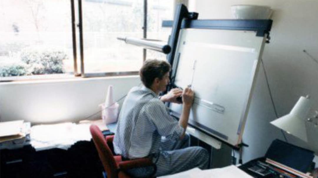 James Dyson working on a drawing board in Nishiazabu, Japan in 1985