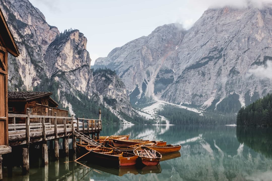 Boathouse on a mountain lake (Lago Di Braies)