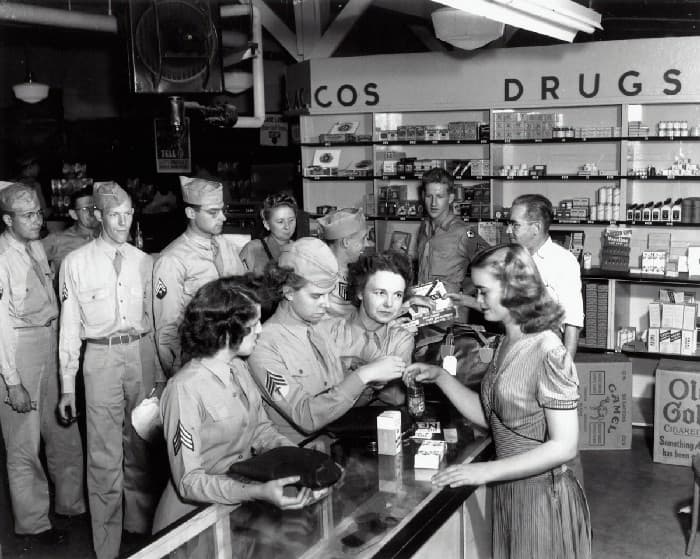 Vintage photograph of military personnel buying over-the-counter materials